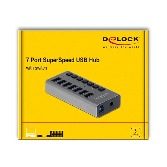 DELOCK Externer SuperSpeed USB Hub mit 7 Ports + Schalter
