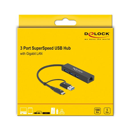 DELOCK 3 Port USB 3.2 Gen 1 Hub + Gigabit LAN mit USB Type-C oder USB Typ-A Anschluss