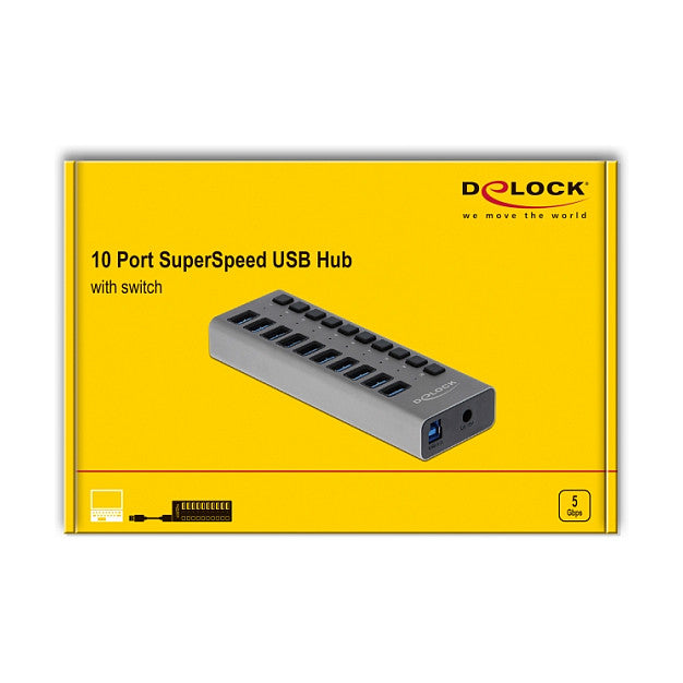 DELOCK Externer SuperSpeed USB Hub mit 10 Ports + Schalter