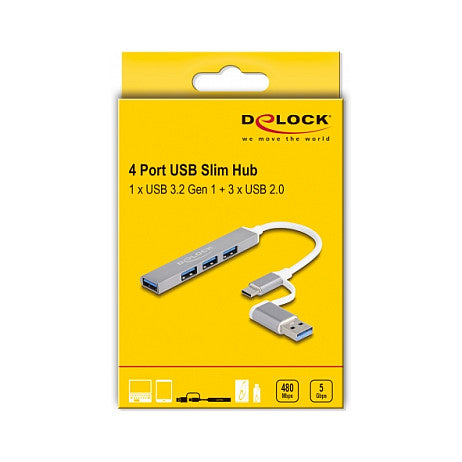 DELOCK 4 Port Slim USB Hub mit USB Type-C oder USB Typ-A zu 3 x USB 2.0 Typ-A Buchse + 1 x USB 5 Gbps Typ-A Buchse