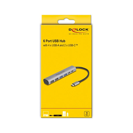 DELOCK 6 Port USB Hub mit 4 x USB Typ-A Buchse und 2 x USB Type-C Buchse