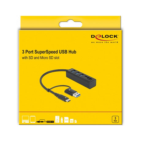 DELOCK 3 Port USB 3.2 Gen 1 Hub + SD und Micro SD Card Reader mit USB Type-C oder USB Typ-A Anschluss