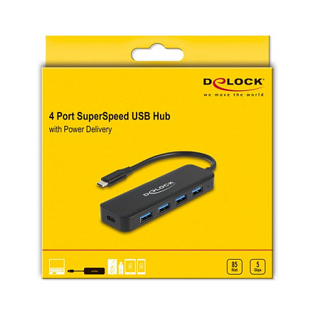 DELOCK USB Type-C Hub 4 Port USB 3.2 Gen 1mit Power Delivery 85 Watt
