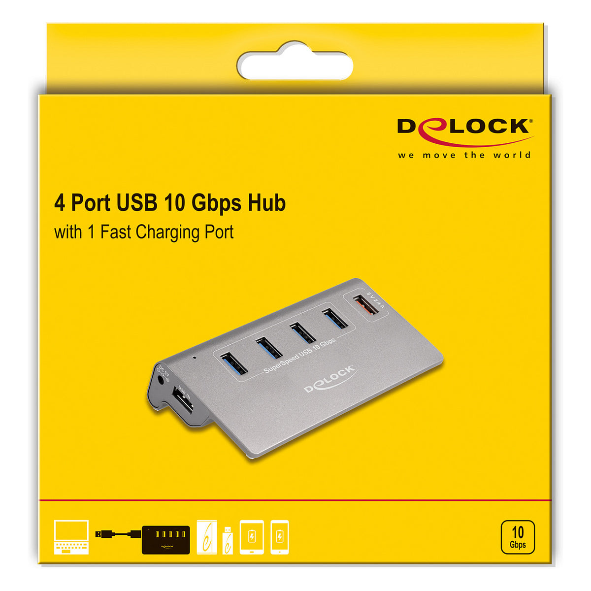 USB 10 Gbps Hub mit 4 USB Typ-A Ports + 1 Schnellladeport inkl. Netzteil
