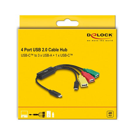 DELOCK 4 Port USB 2.0 Kabel-Hub mit USB Type-C zu 3 x USB-A Buchse + 1 x USB-C Stecker