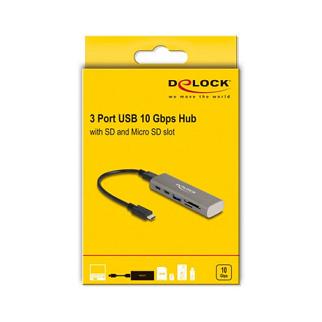 DELOCK 3 Port USB 10 Gbps Hub inklusive SD und Micro SD Card Reader mit USB Type-C Anschluss
