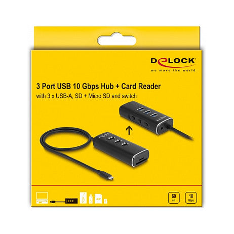 3 Port USB 10 Gbps Hub inklusive SD und Micro SD Card Reader mit USB Type-C™ Anschluss 60 cm Kabel und Schalter für jeden Port
