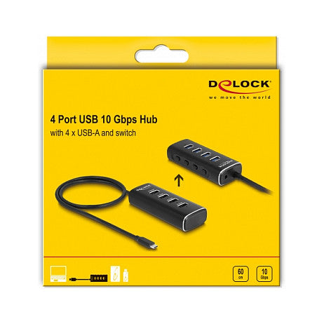 4 Port USB 10 Gbps Hub mit USB Type-C™ Anschluss 60 cm Kabel und Schalter für jeden Port