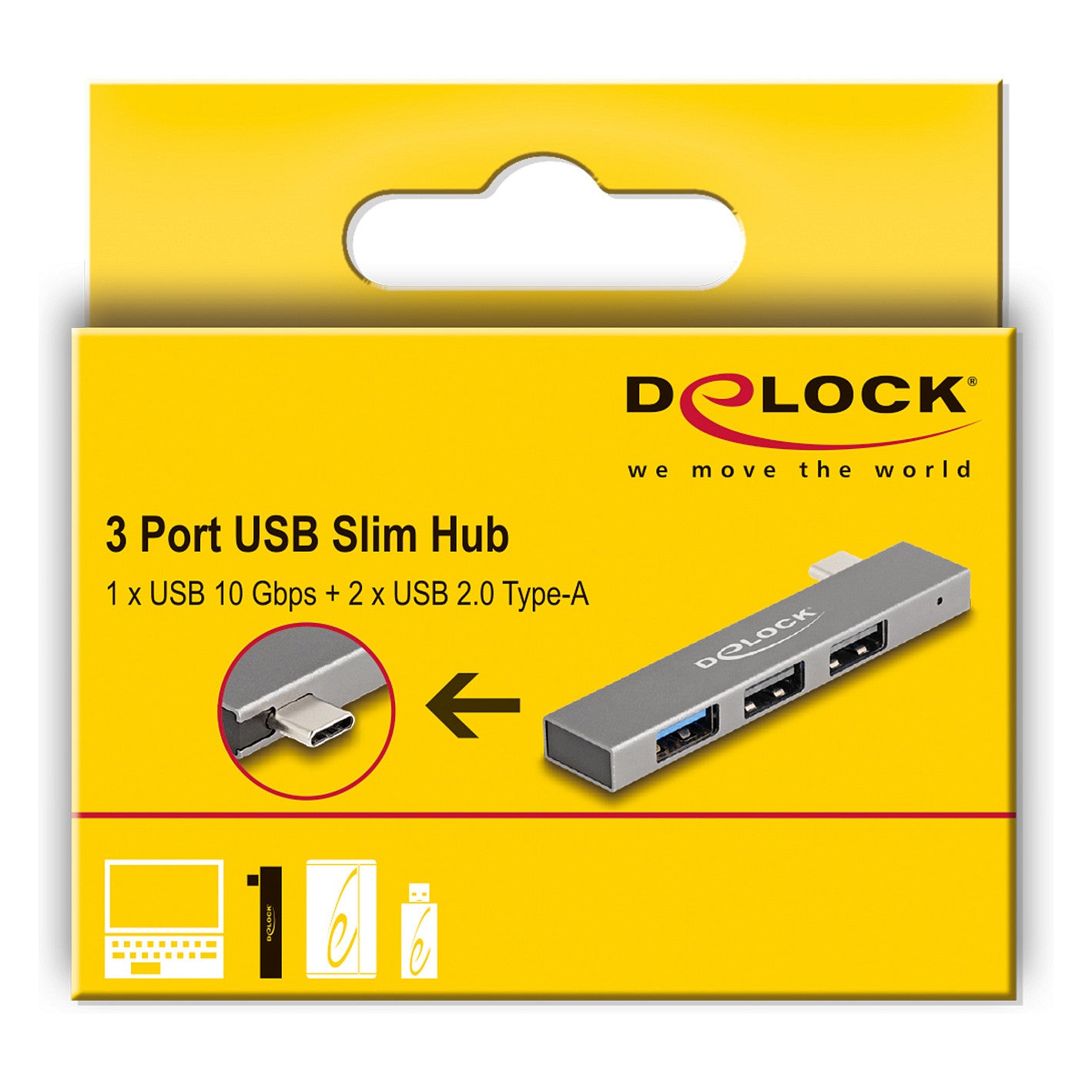 DELOCK 3 Port Slim USB Hub mit USB Type-C zu 1 x USB 10 Gbps USB Typ-A + 2 x USB 2.0 Typ-A