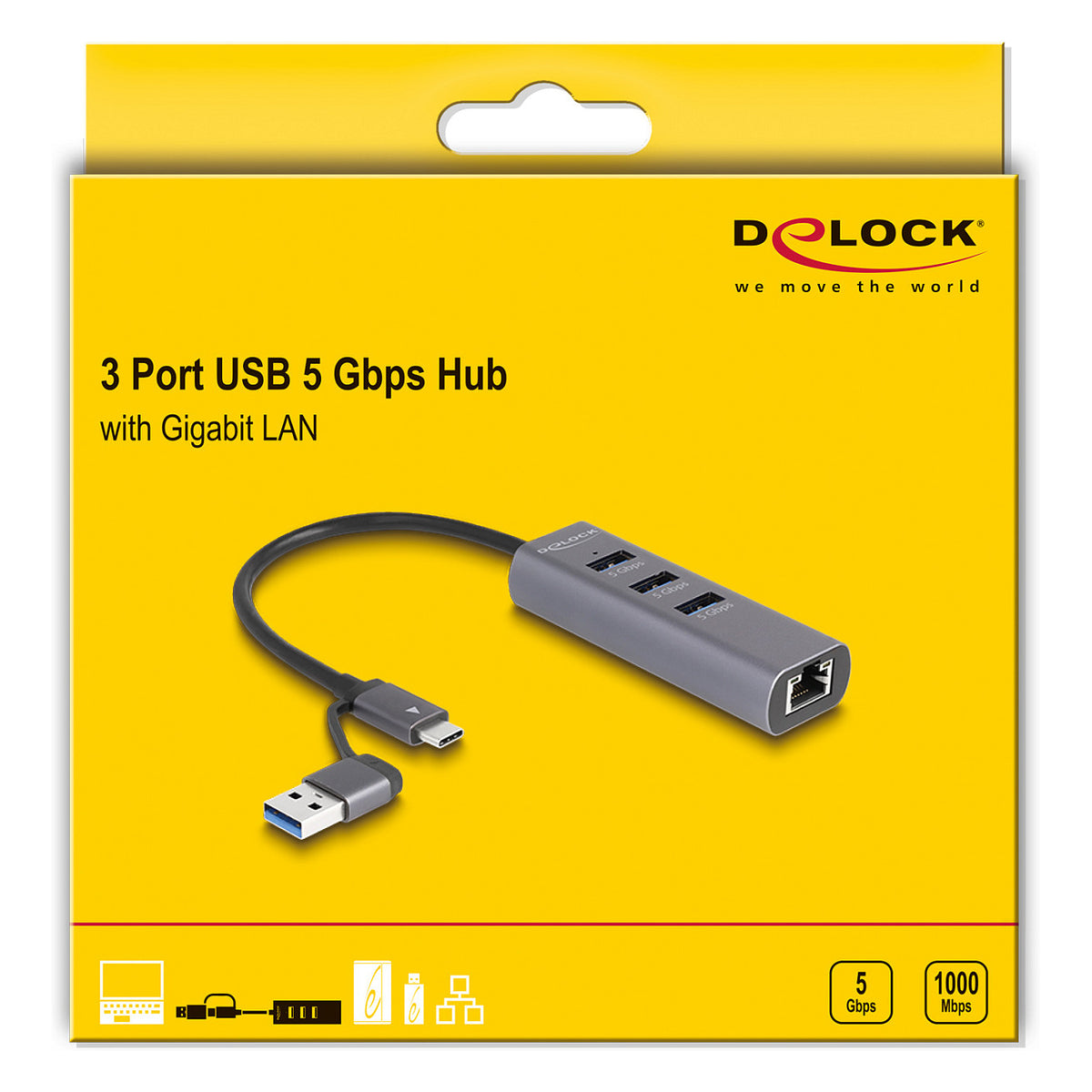 3 Port USB 5 Gbps Hub + Gigabit LAN mit USB Type-C™ oder USB Typ-A Anschluss im Metallgehäuse