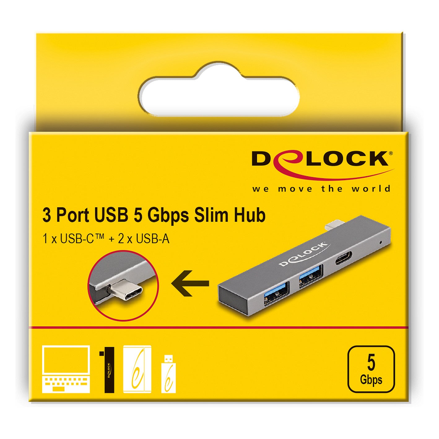 DELOCK 3 Port Slim USB Hub mit USB Type-C zu 1 x USB 5 Gbps USB Type-C + 2 x USB 5 Gbps Typ-A