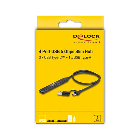 DELOCK 4 Port Slim USB Hub mit USB Type-C oder USB Typ-A zu 3 x USB 5 Gbps USB Type-C + 1 x USB 5 Gbps Typ-A