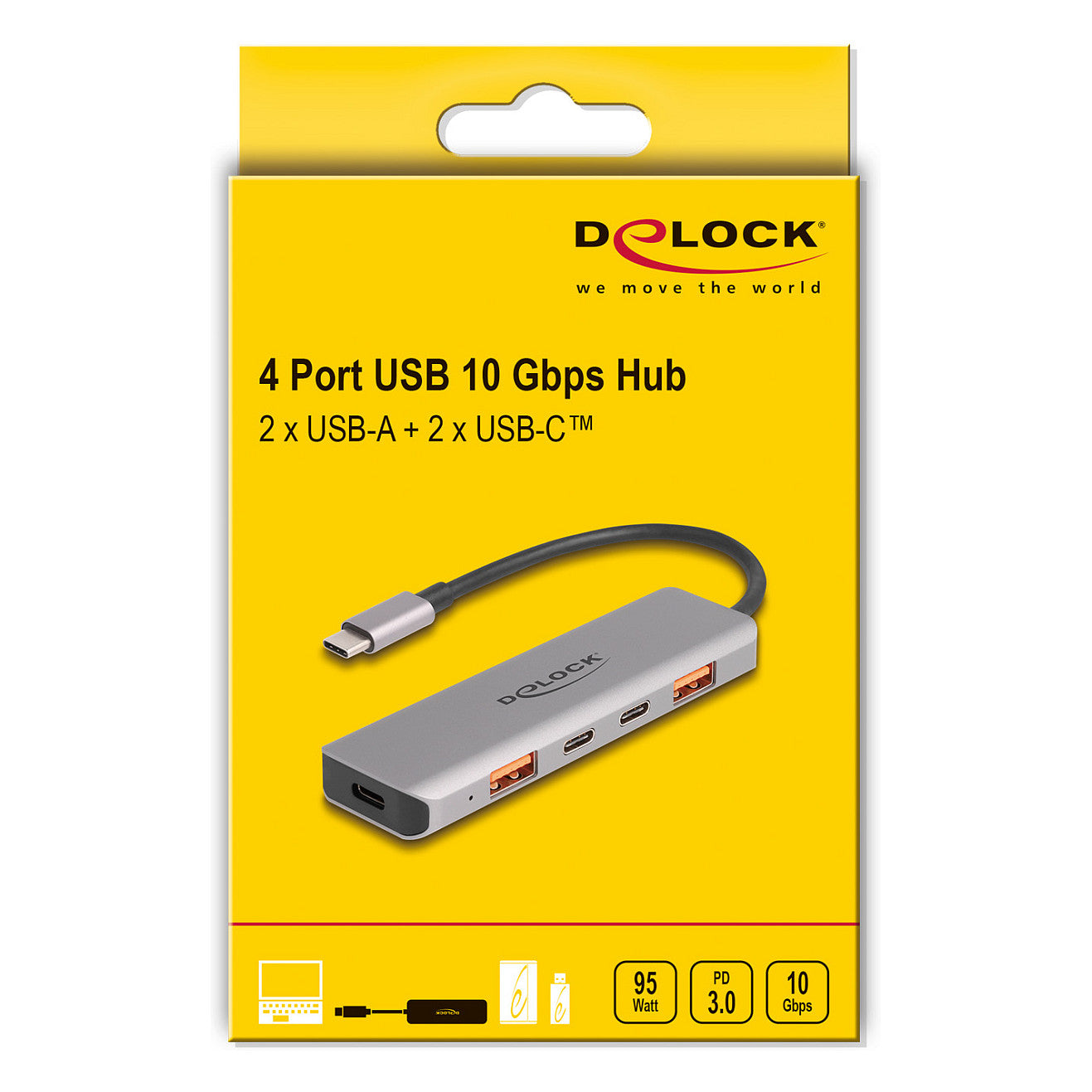DELOCK USB 10 Gbps 2 Port USB Typ-A + 2 Port USB Type-C Hub mit USB Type-C Anschluss und PD 95 Watt