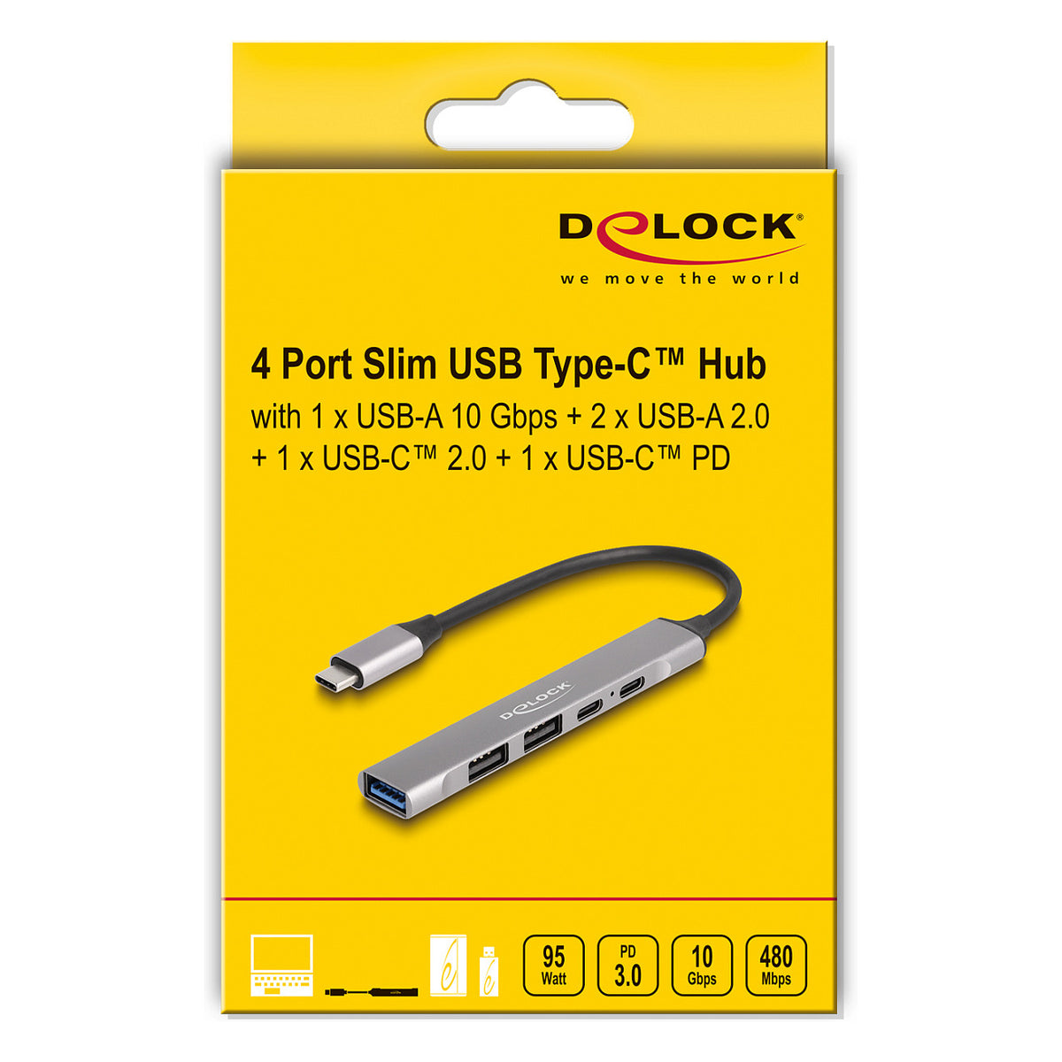 4 Port Slim USB Type-C™ Hub mit 1 x USB 10 Gbps Typ-A + 2 x USB 2.0 Typ-A + 1 x USB 2.0 USB Type-C™ und PD 95 W