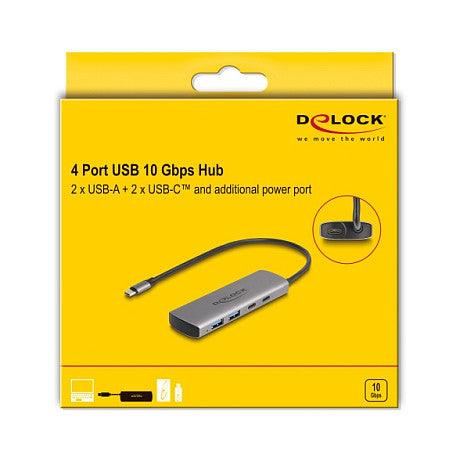 DELOCK USB 10 Gbps 2 Port USB Typ-A + 2 Port USB Type-C Hub mit USB Type-C Anschluss und zustzlicher Strombuchse