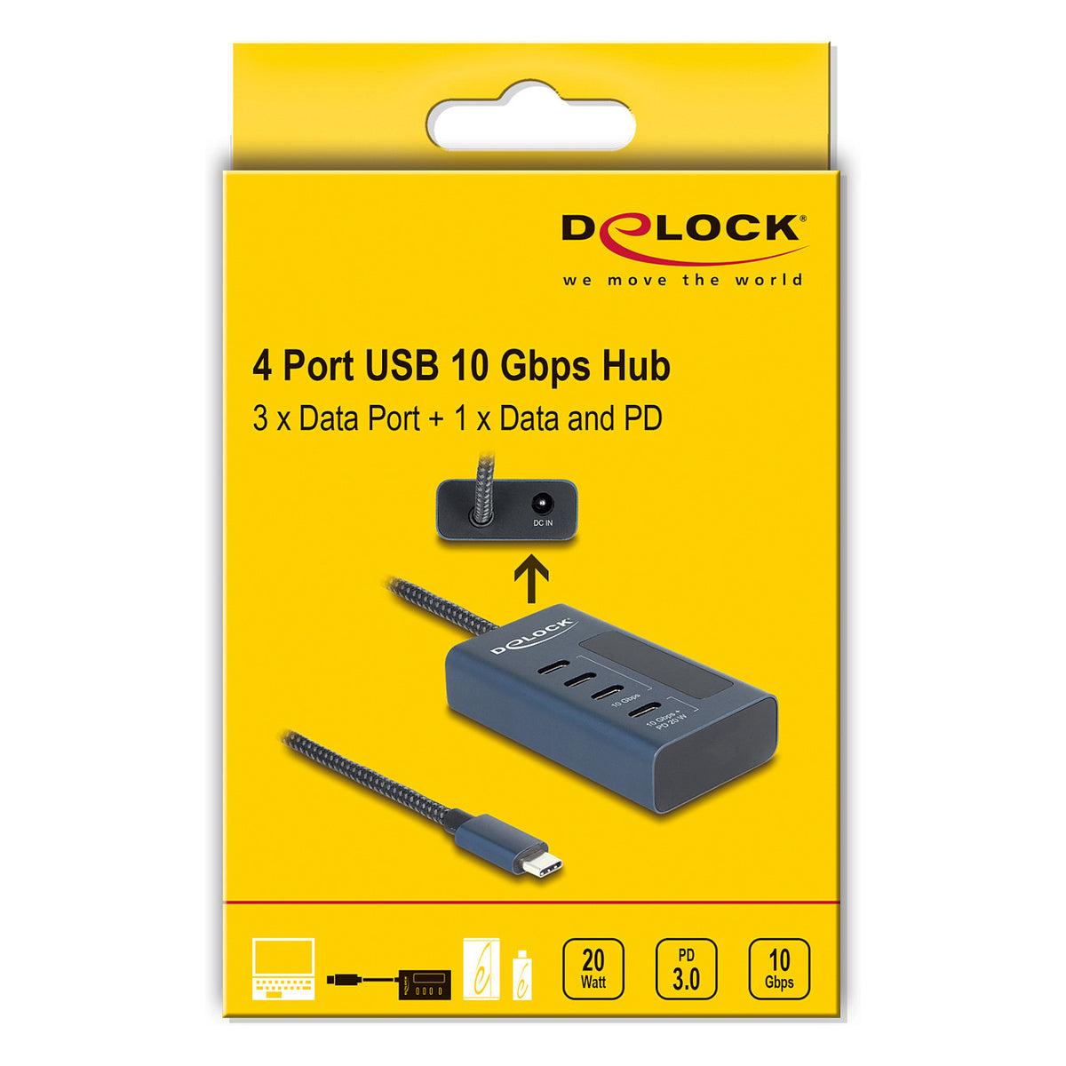 USB 10 Gbps Hub mit 4 USB Type-C™ Ports davon 3 x Datenport + 1 x Daten und PD 20 Watt mit Leistungsanzeige