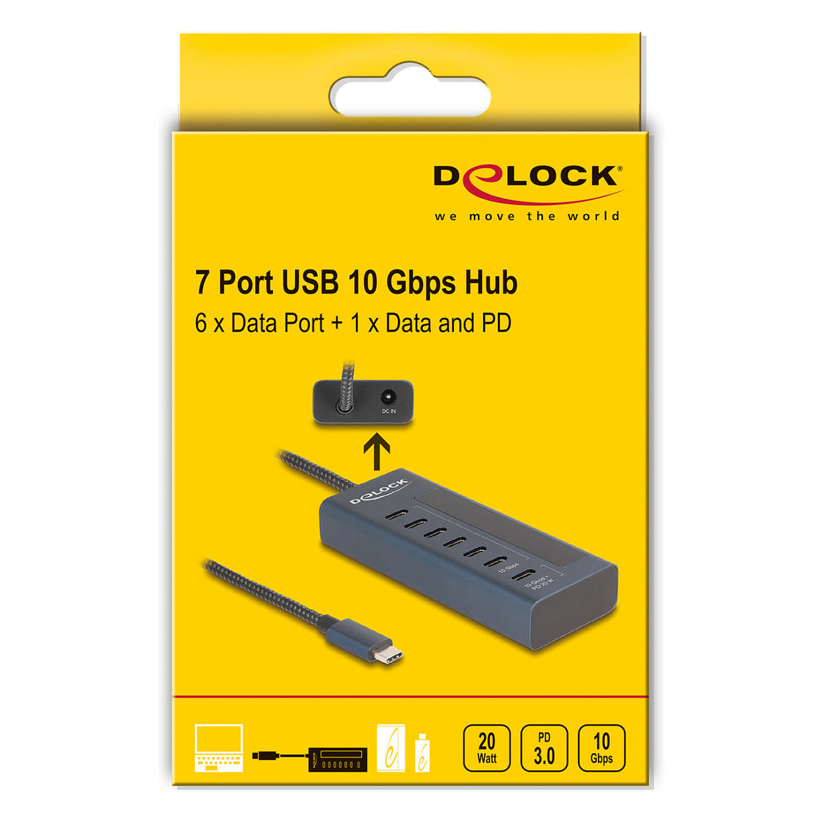 USB 10 Gbps Hub mit 7 USB Type-C™ Ports davon 6 x Datenport + 1 x Daten und PD 20 Watt mit Leistungsanzeige