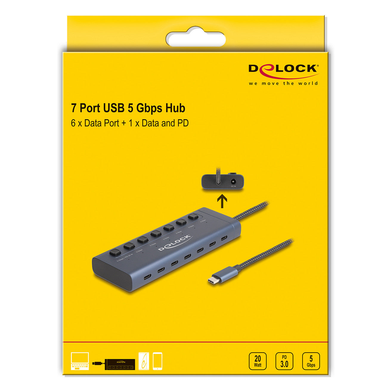 DELOCK USB 5 Gbps Hub mit 7 USB Type-C Ports mit Schalter davon 6 x Datenport + 1 x Daten / und PD 20 Watt