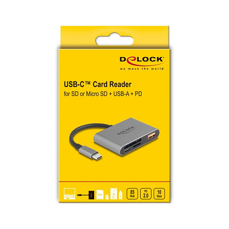 DELOCK USB-C Card Reader fur SD und Micro SD Speicherkarten + USB 10 Gbps Typ-A Port und USB Type-C PD 2.0 85 W