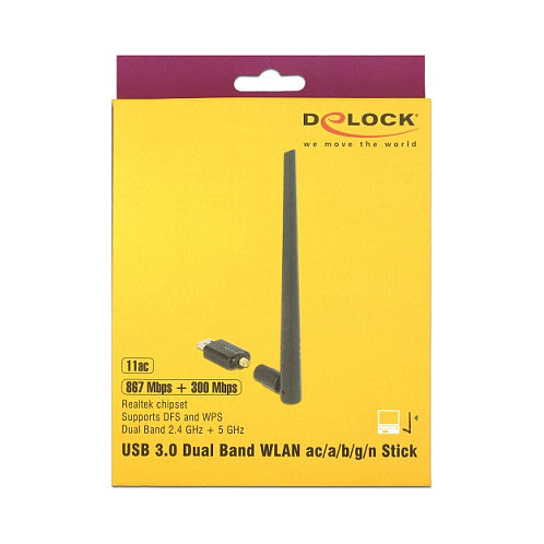 DELOCK USB 3.0 Dualband WLAN ac/a/b/g/n Stick 867 + 300 Mbps mit externer Antenne