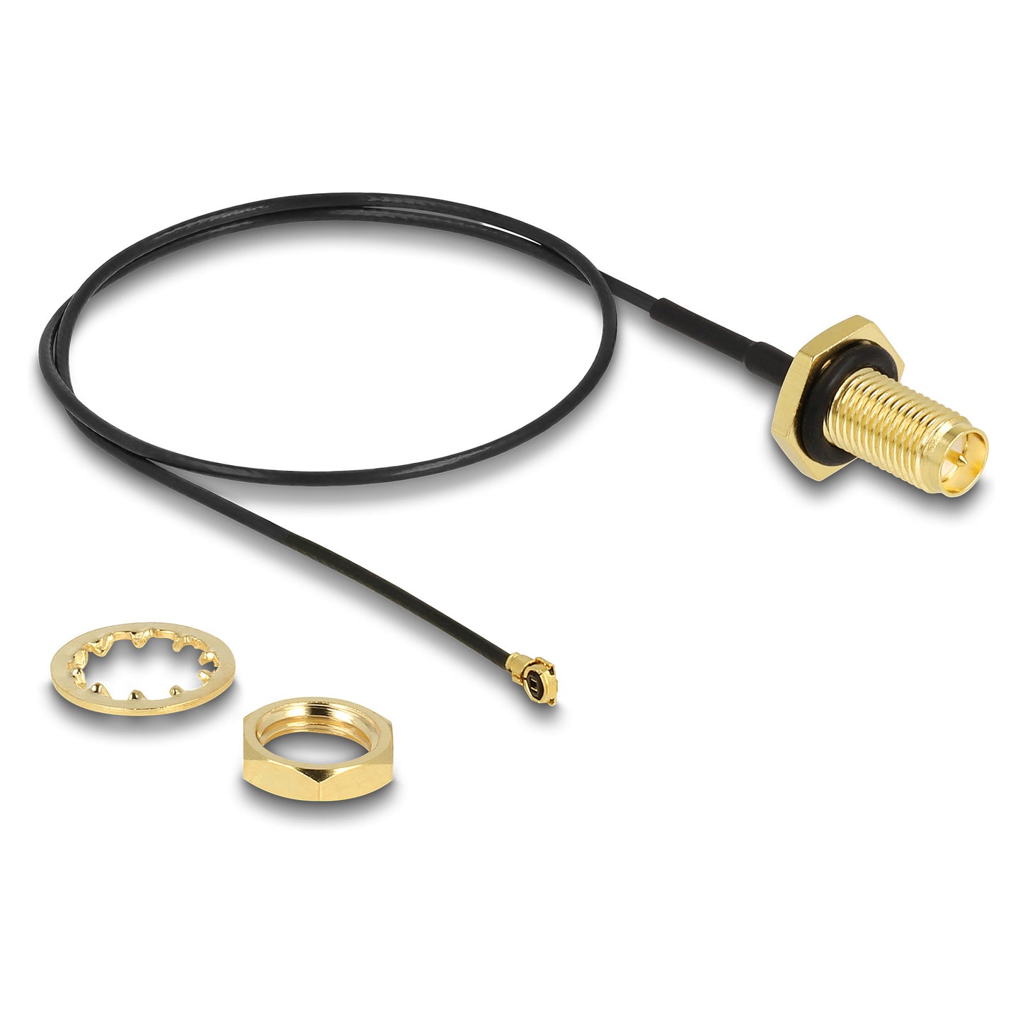 DELOCK Antennenkabel RP-SMA Buchse zum Einbau zu MHF I Stecker 1.13 35cm Gewindelnge 10mm spritzwassergeschutzt