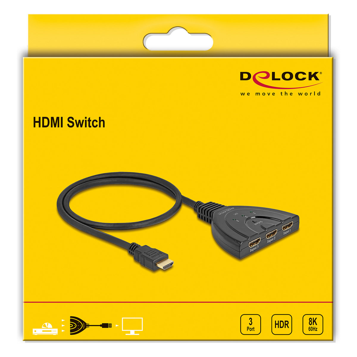 HDMI Switch 3 x HDMI in zu 1 x HDMI out 8K 60 Hz mit integriertem Kabel 60 cm