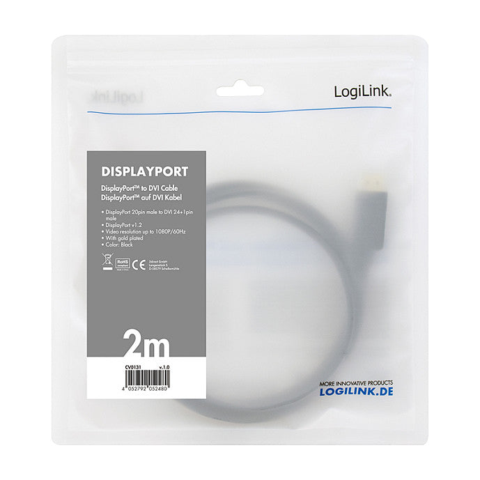 Logilink DisplayPort-Kabel DP 1.2 zu DVI 1.2 2.0m schwarz