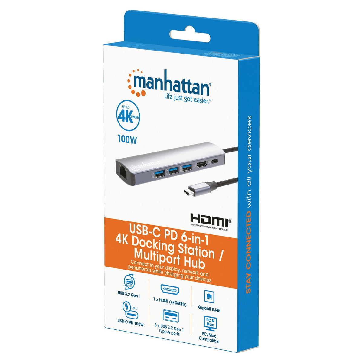 MANHATTAN 6-in-1 4K USB-C Dockingstation 1xHDMI 3xUSB 5 Gb/s