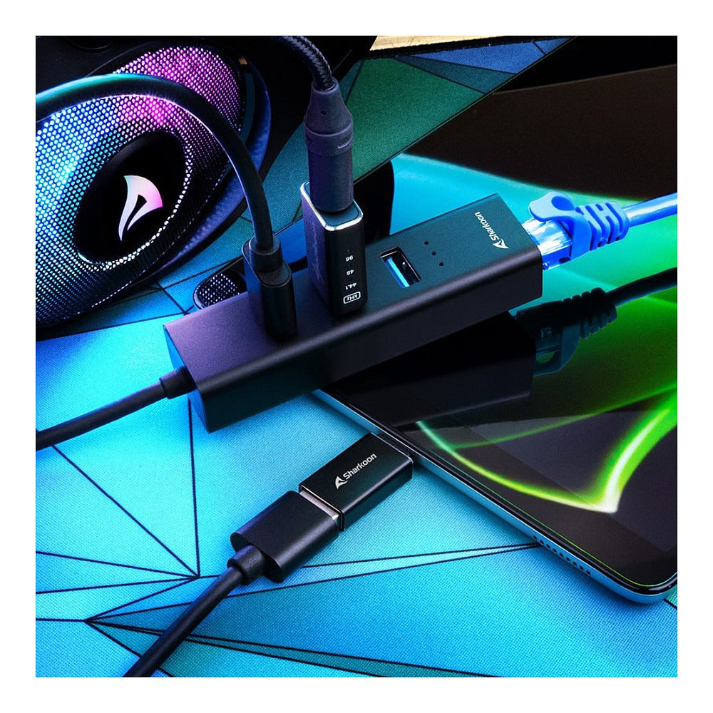 Sharkoon 3-Port USB 3.2 Gen 1 Alu Hub + Ethernet (schwarz)