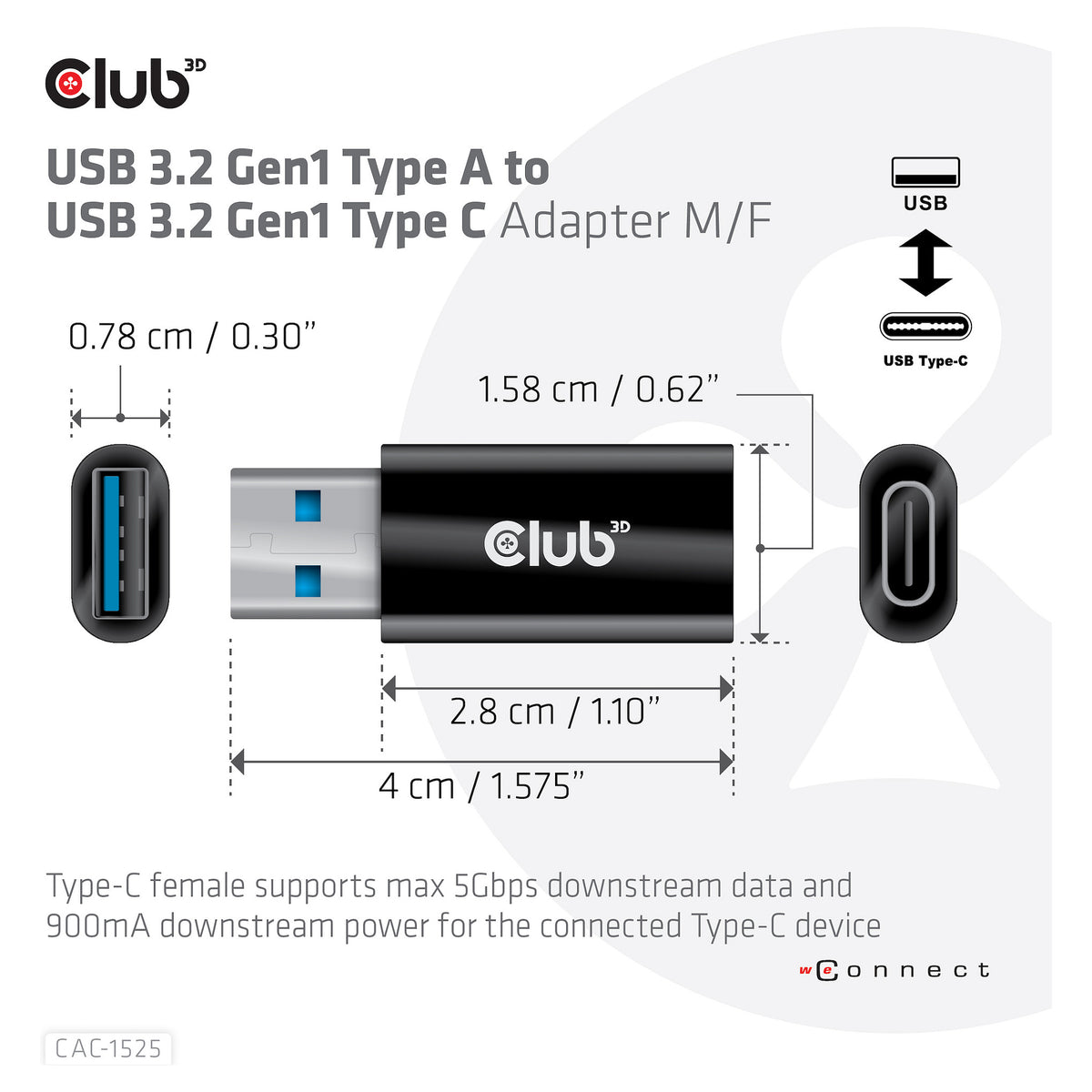 Club3D Adapter USB 3.2 Typ A <> USB 3.2 Typ C St/Bu