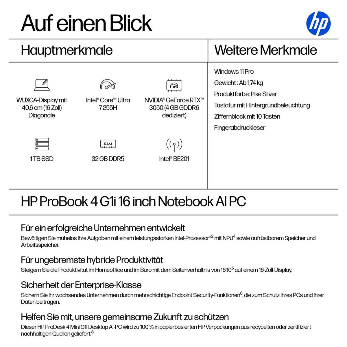 HP ProBook 4 G1i 16 Intel Core Ultra 7 255H 40.64cm 16Zoll WUXGA 32GB 1TB/SSD W11P SmartBuy 1J Gar (DE)