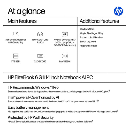 HP EliteBook 6 G1i Intel Core Ultra 7 255U 35.56cm 14Zoll WUXGA 32GB 1TB/SSD W11P SmartBuy 1J Gar (DE)