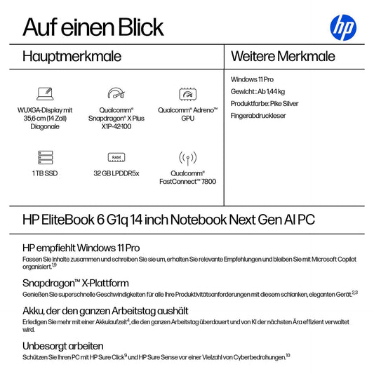 HP EliteBook 6 G1q Qualcomm Snapdragon X Plus X1P-42-100 35.56cm 14Zoll WUXGA 32GB 1TB/SSD W11P SmartBuy 1J Gar (DE)