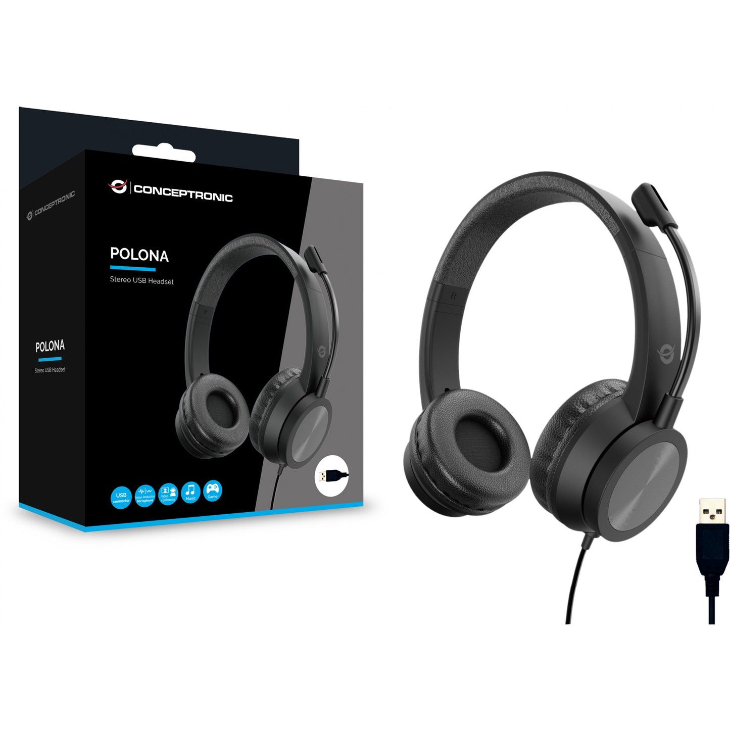 CONCEPTRONIC Headset USB-A Mikro,int.Bed.Stereo 2.0m sw