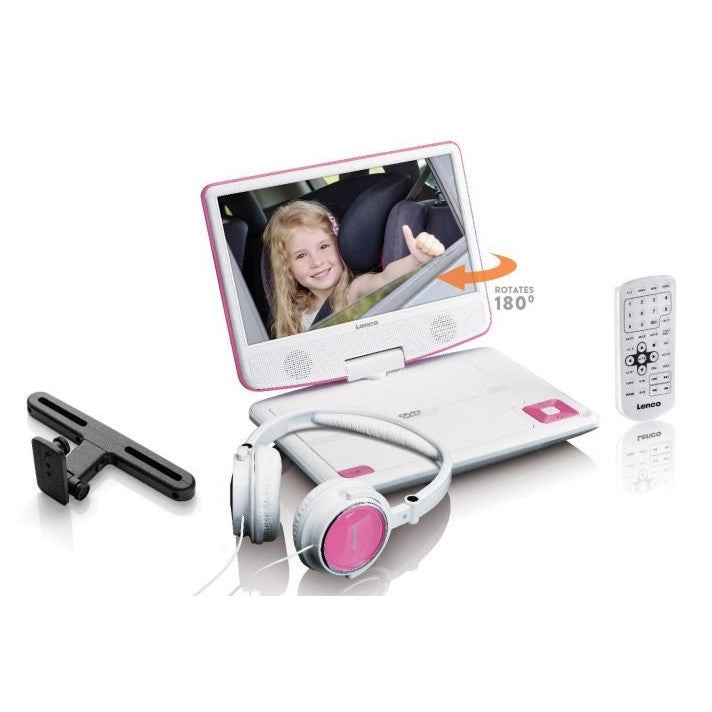 LENCO DVP-910 9" DVD-Player + USB & KfZ-Halterung. pink/wei