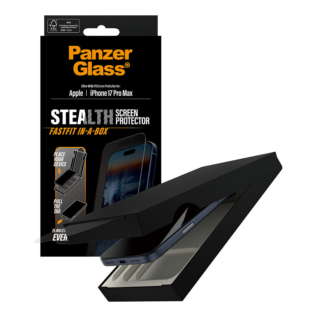 PanzerGlass Stealth Screen Protector w. Black Frame iPhone 17 Pro Max | Ultra-Wide Fit w. Fastfit in-a-box