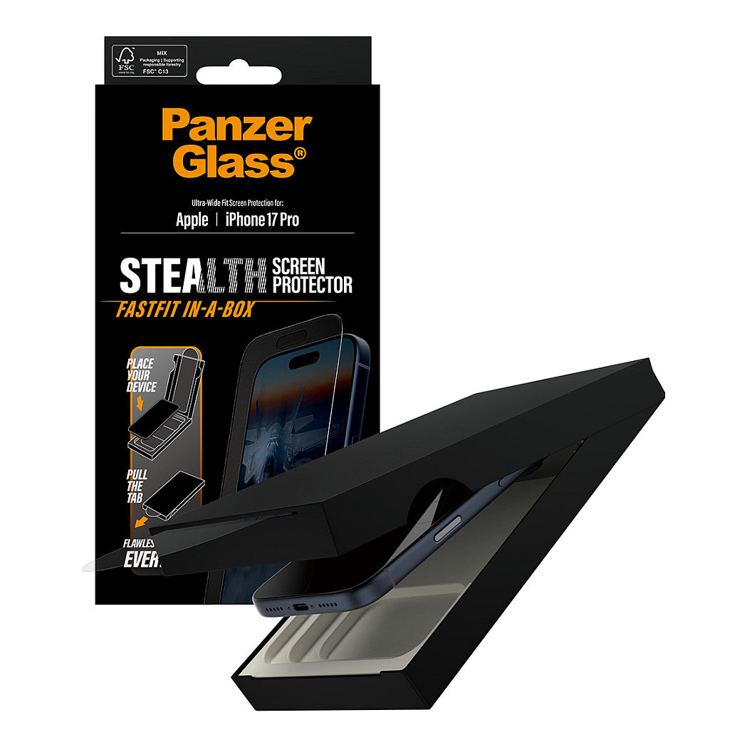 PanzerGlass Stealth Screen Protector w. Black Frame iPhone 17 Pro | Ultra-Wide Fit w. Fastfit in-a-box