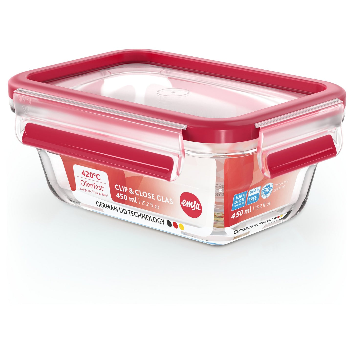 Emsa N10405 Clip & Close Glas Frischhaltedose 0.45 L Transparent/Rot