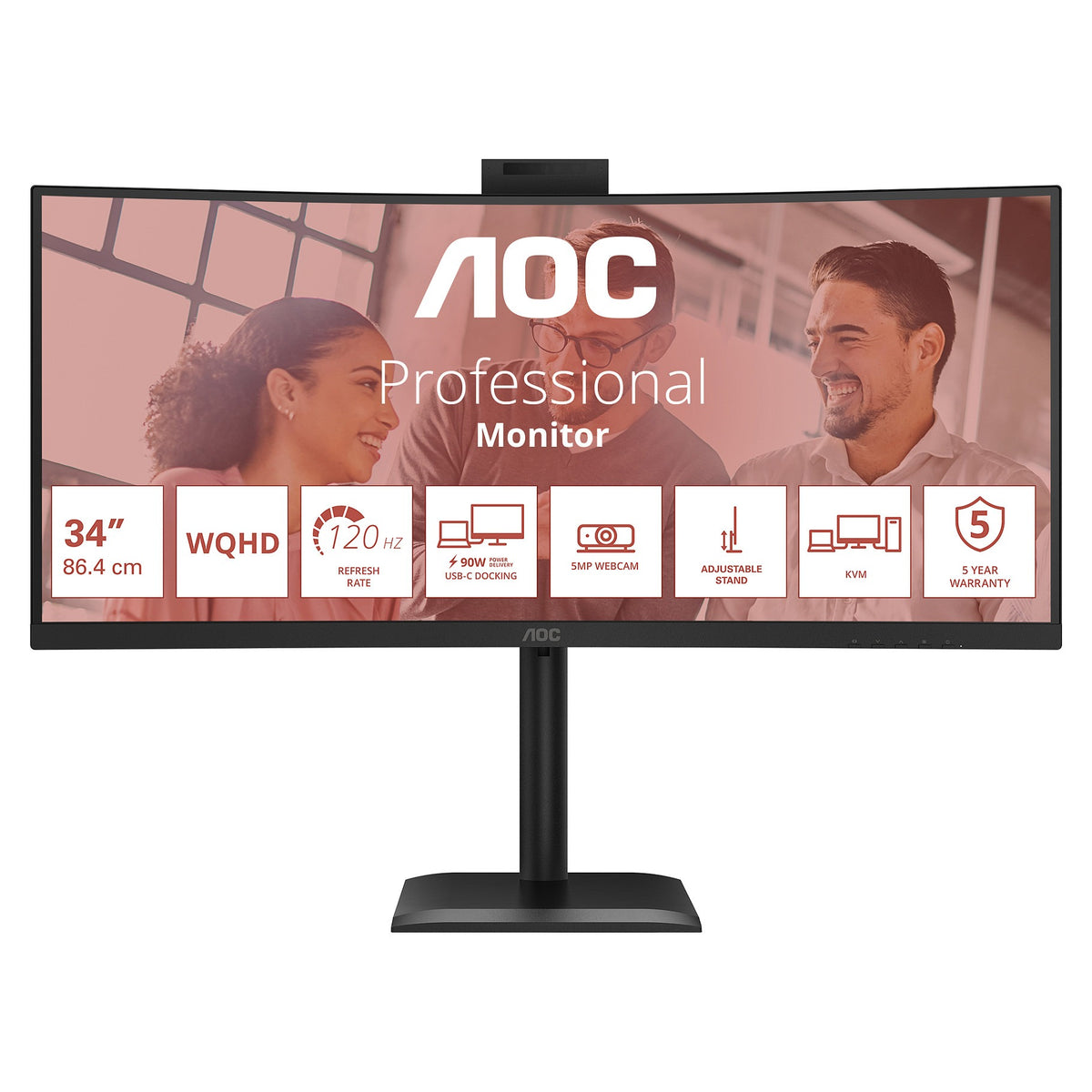 86,4cm/34" (3440x1440) AOC CU34E4CW 21:9 VA 4ms 120Hz Curved HDMI DisplayPort USB-C RJ45 VESA Speaker Webcam HDR10 KVM Black