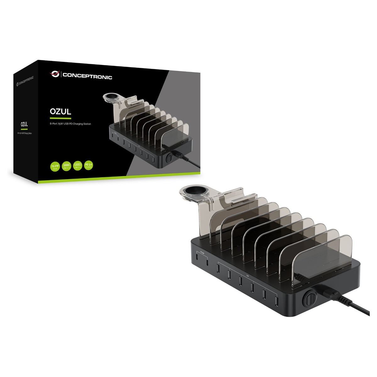 CONCEPTRONIC Ladegerät 8Port 6xUSB-A/2xC Multi 75WPD3.0 sw