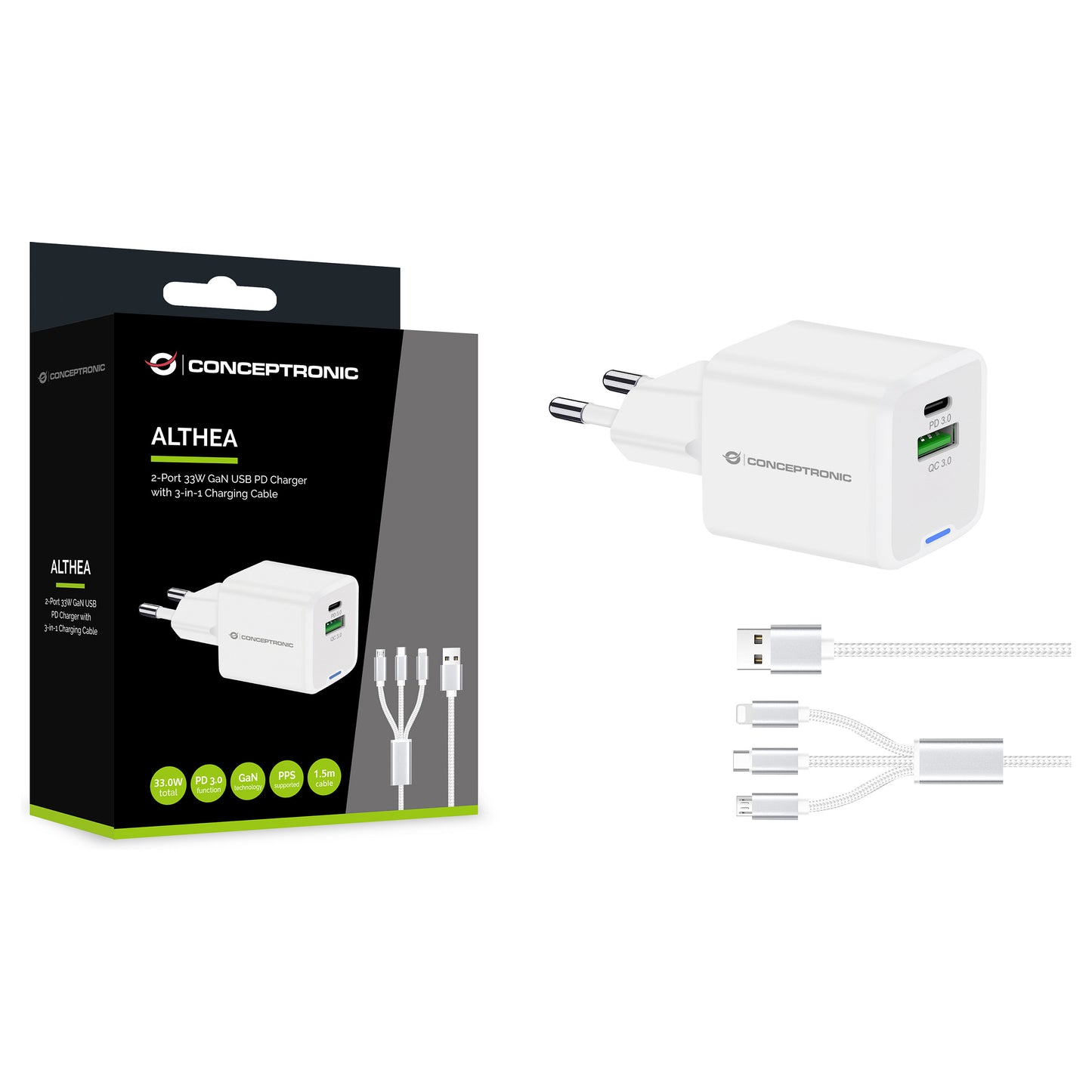 CONCEPTRONIC Ladegerät 2Port GaN 3-in-1 33WPD3.0/PPS ws