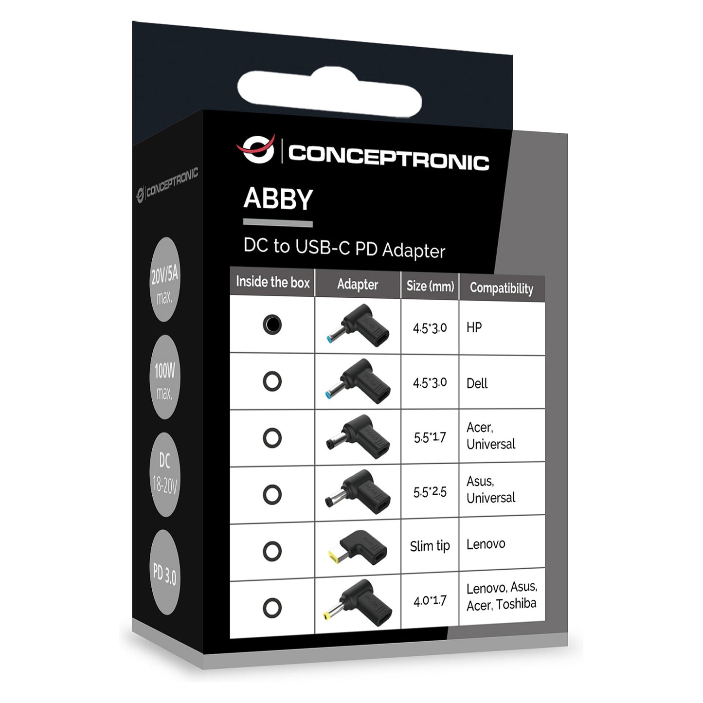CONCEPTRONIC USB-C PD100W->HP 4.5x3.0mm Adap.18-20V sw