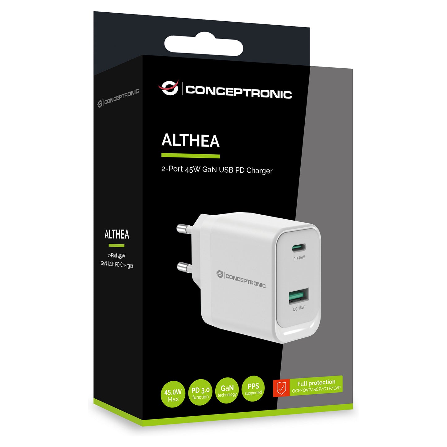 CONCEPTRONIC Ladegerät 2Port GaN USB-C/-A 45WPD3.0/PPS ws