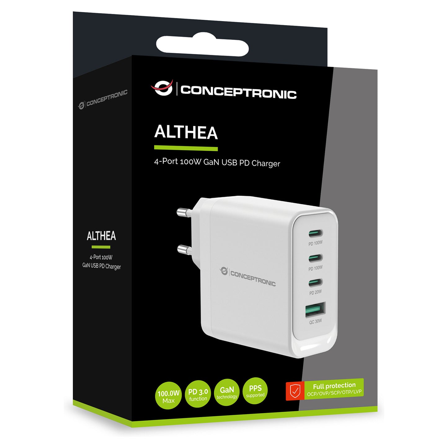 CONCEPTRONIC Ladegerät 4Port GaN 3xUSB-C/1xA100WPD3.0/PPS ws