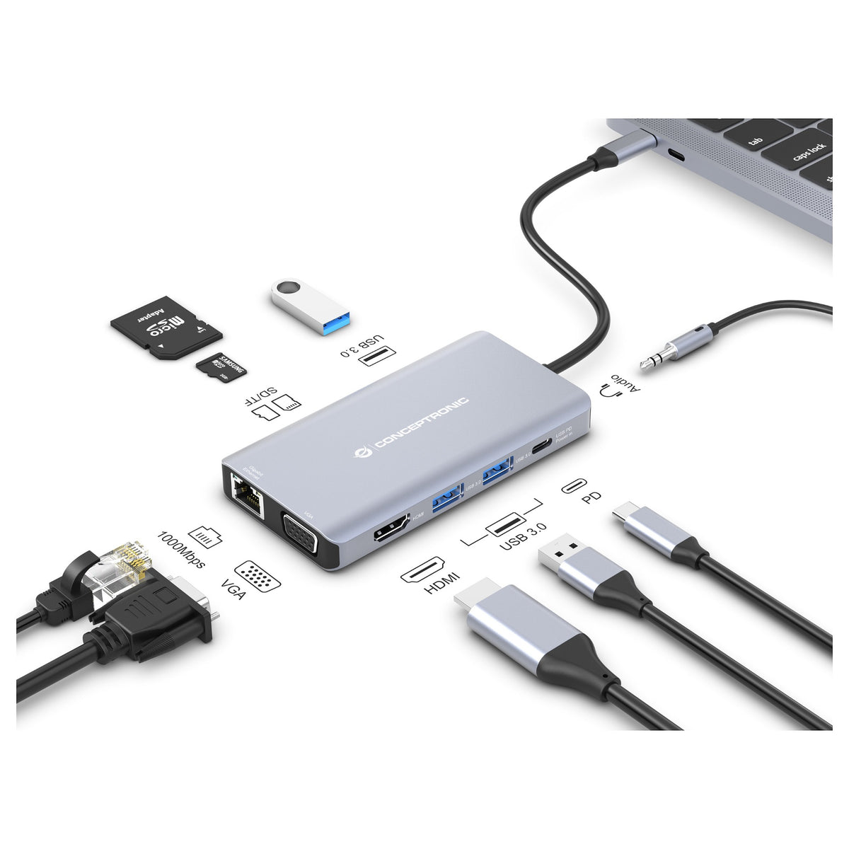 CONCEPTRONIC 10-1 Dock USB-C->HDMI/USB-A/VGA/AUX/+ 25cm gr