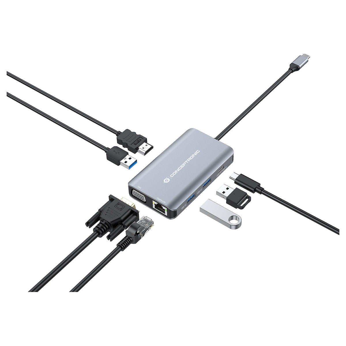 CONCEPTRONIC 7-1 Dock USB-C->HDMI/3xUSB-A/VGA/+ 25cm gr