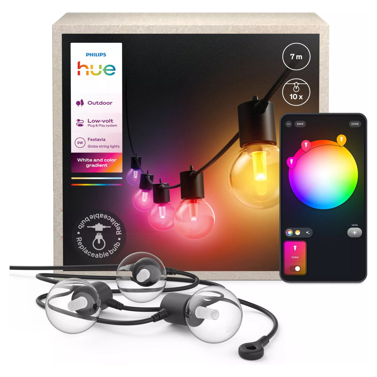 Philips Hue Festavia Globe Außenlichterkette, White and Color Ambiance, 7 m Länge, 10 Lampenkugeln, dimmbar, Steuerung per Hue App