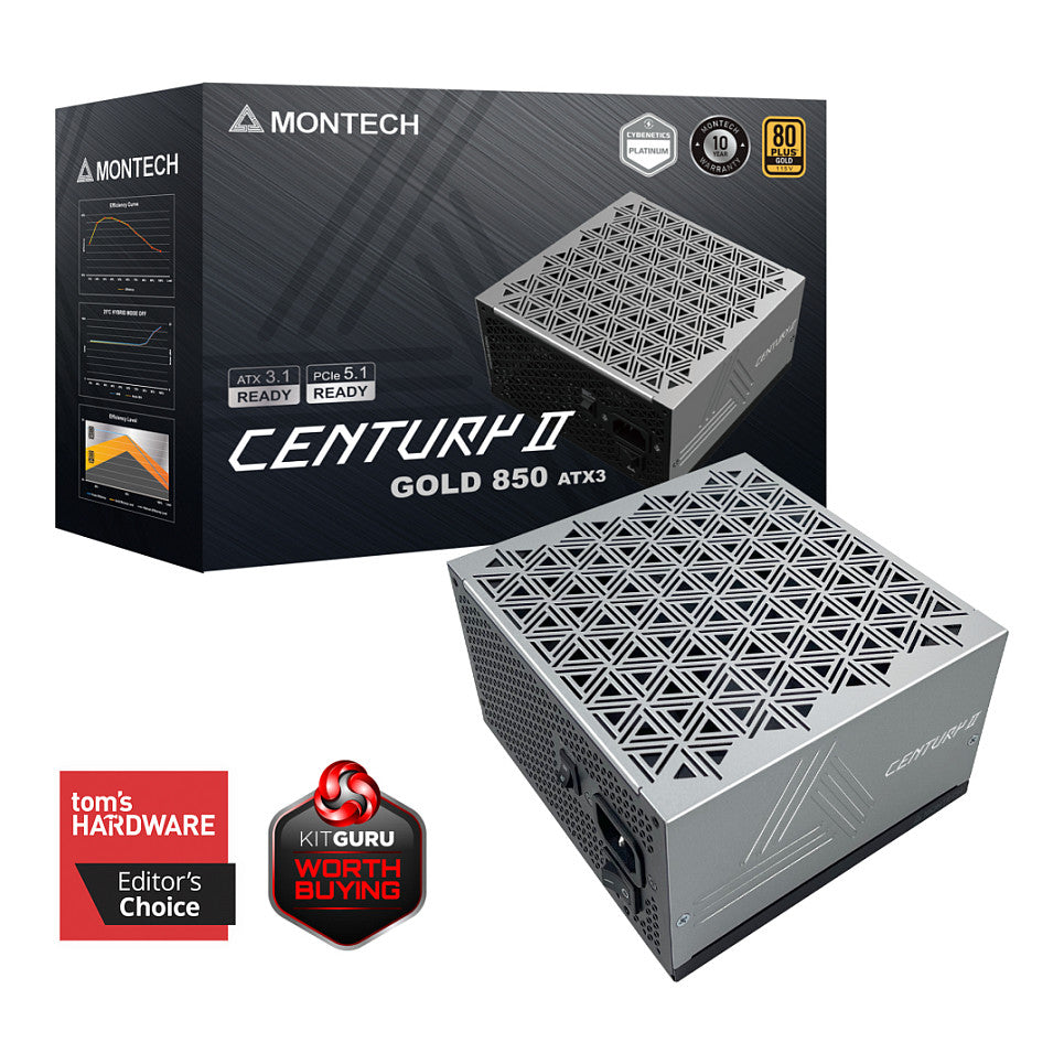 850W Montech CENTURY II 850 (silber, 1x 12-Pin High Power GPU, 4x PCIe, Kabelmanagement, 850 Watt)