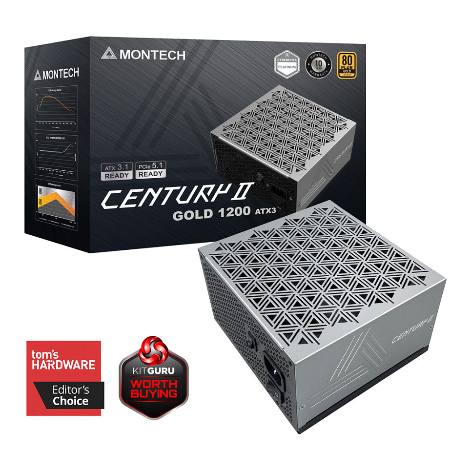 1200W Montech CENTURY II 1200 (silber, 1x 12-Pin High Power GPU, 6x PCIe, Kabelmanagement, 1200 Watt)