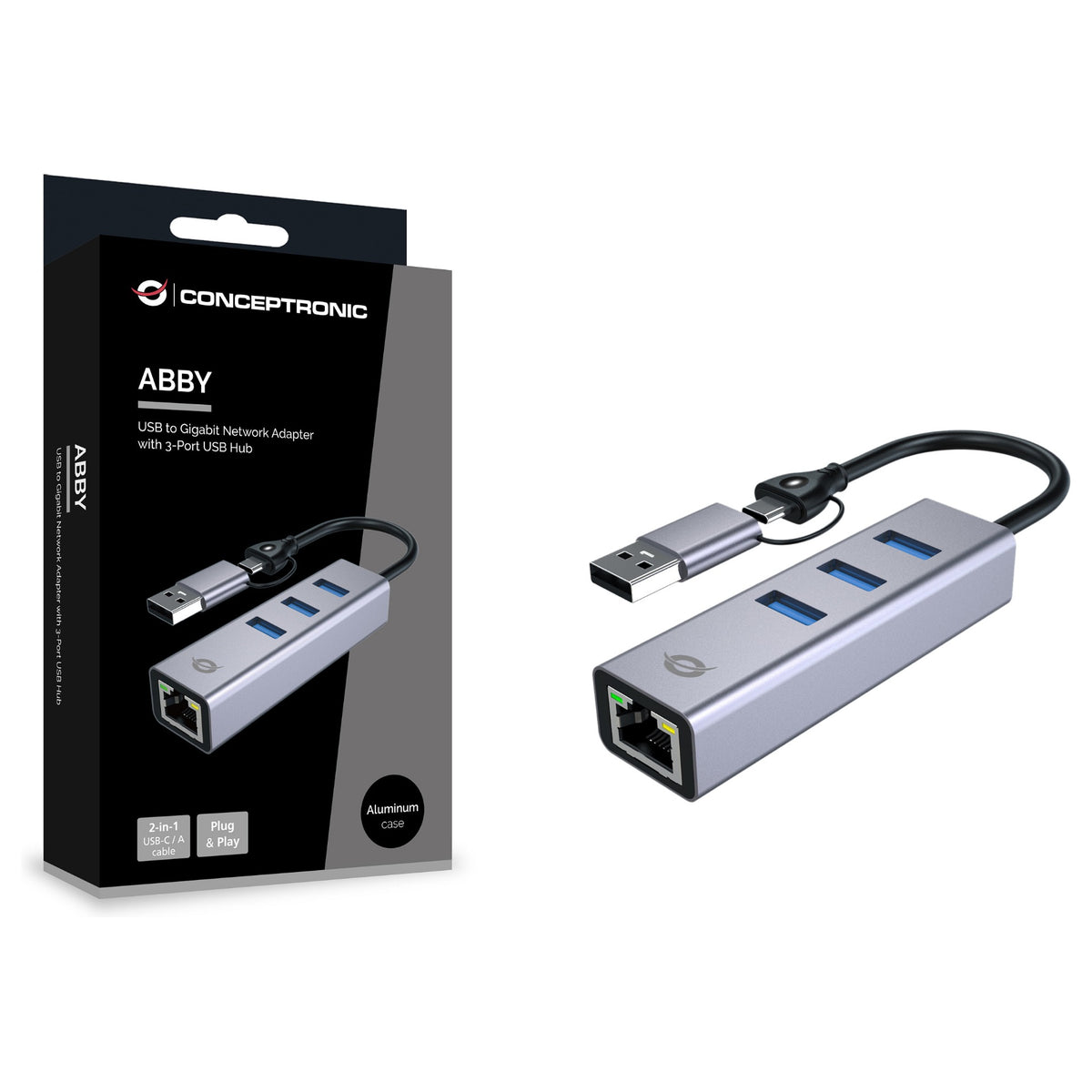 CONCEPTRONIC Adapter USB-C/-A3.0->GbE+3x-A3.0 5Gbs gr